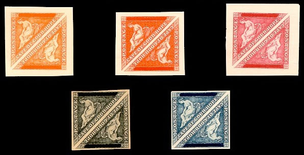 Both 'POSTAGE' and 'VALUE' defaced five pairs showing the value tablets defaced (to varying degrees) printed in dull vermilion, red-orange, carmine-red, indigo and black each with clear to large margins.